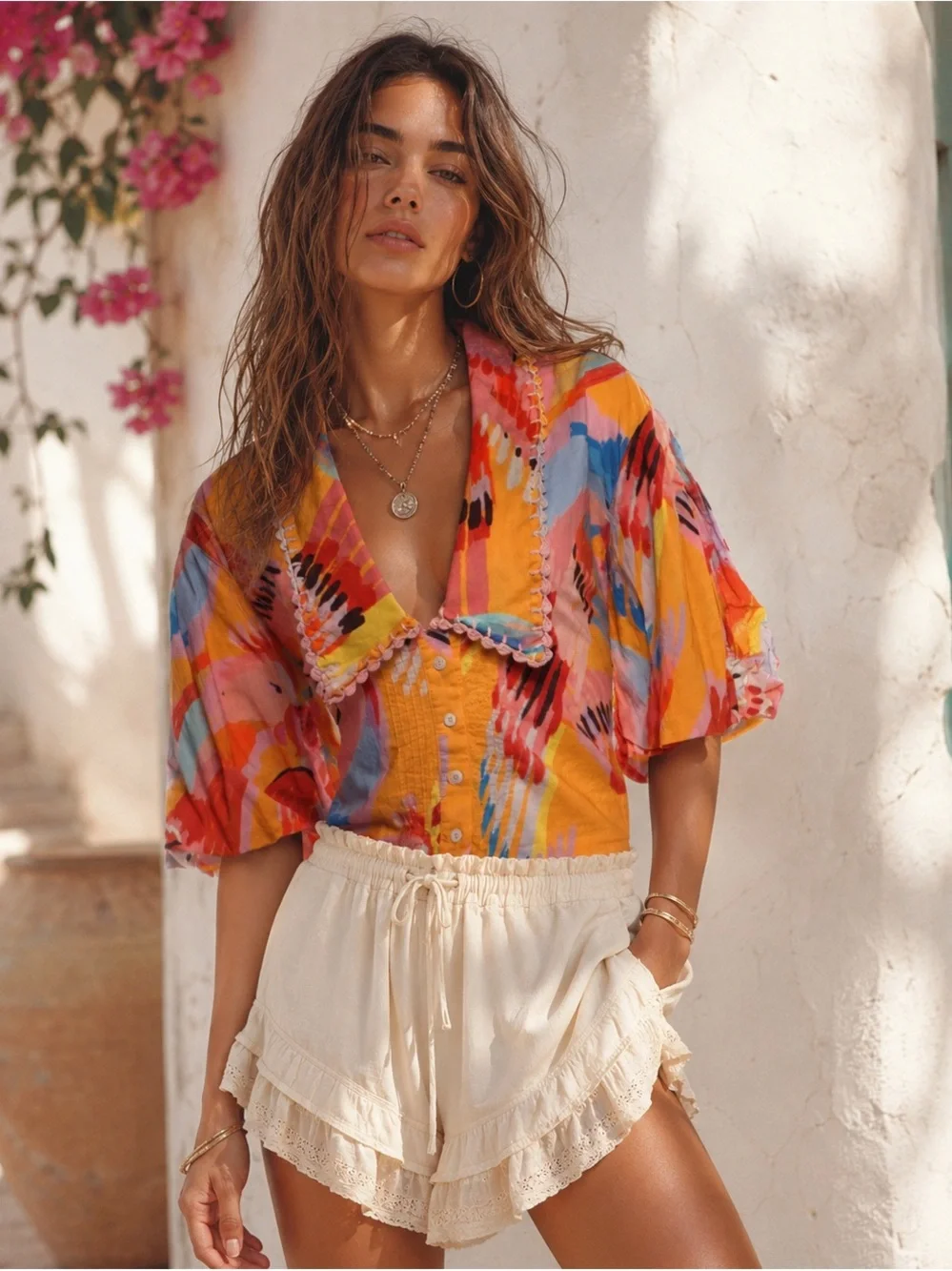 Farm Rio Neon Macaws Buttoned Blouse Multicolor Cropped Top